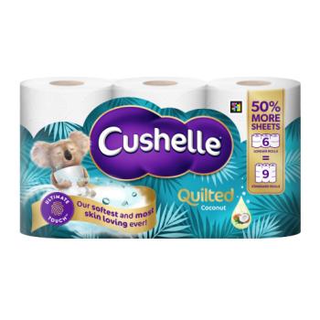 Cushelle Quilted Coconut Toilet Roll 6 Longer Rolls 50% More Sheets