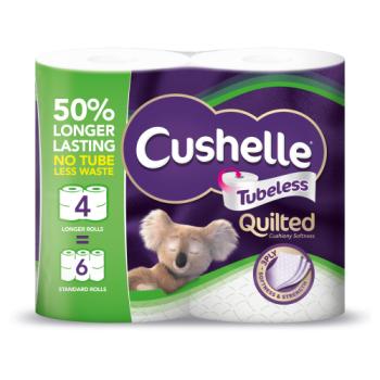 Cushelle Quilted Tubeless Toilet Tissue 4 equals 6 Regular rolls