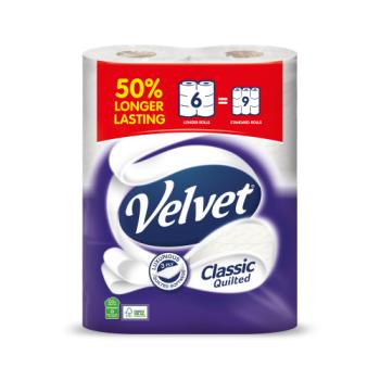 Velvet Classic Quilted 50% Longer Lasting Toilet Tissue 6 Equals 9 Regular Rolls