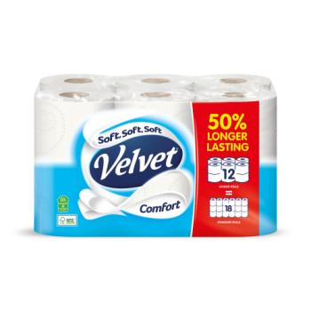 Velvet Comfort Toilet Roll 12 Rolls 50% Longer Lasting 