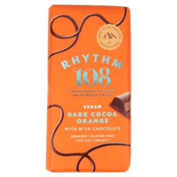 Rhythm 108 Swiss Vegan Dark Cocoa Orange Bar with M'lk Chocolate 100g