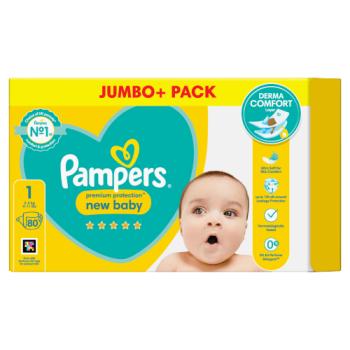 Pampers Premium Protection New Baby Size 1, 80 Nappies, 2kg-5kg, Jumbo+ Pack