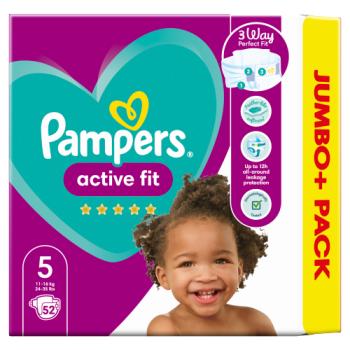 Pampers Active Fit Size 5, 52 Nappies, 11kg-16kg, Jumbo+ Pack