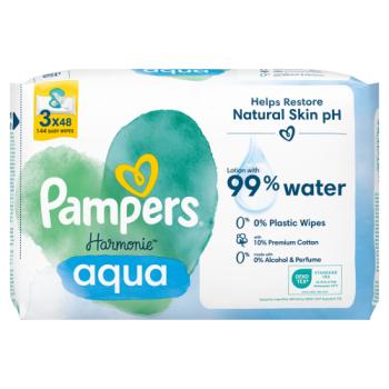 Pampers Harmonie Aqua Baby Wipes Plastic Free 3 Packs of 48 Wipes = 144 Baby Wet Wipe