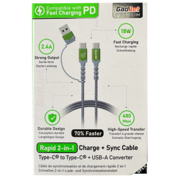 Gadjet Premium Rapid 2-in-1 Charge & Sync Cable Type-C to Type-C with USB-A Converter 