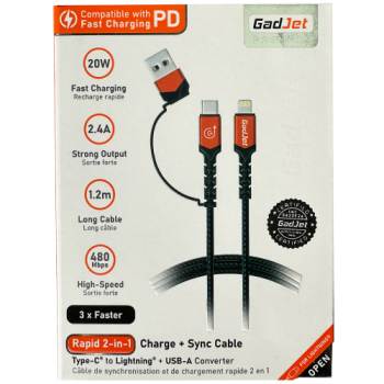 Gadjet Premium Rapid 2-in-1 Charger & Sync Cable Type-C to Lightning with USB-A Converter 