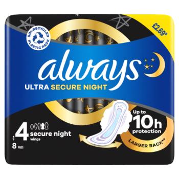 Always Ultra Sanitary Towels Secure Night (Size 4) Wings 8 Pads