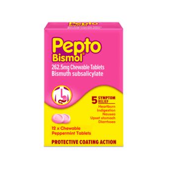Pepto-Bismol Chewables 12ct For Nausea, Heartburn, Indigestion, Upset Stomach And Diarrhoea Relief