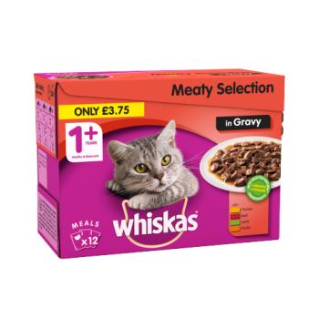 Whiskas Adult Wet Cat Food Pouches Meat in Gravy 12 x 100g PMP £3.75
