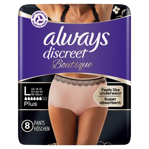 Always Discreet Boutique Incontinence Pants Women Beige Plus, L, 8 Pants -  From Tuffins Craven Arms in Craven Arms